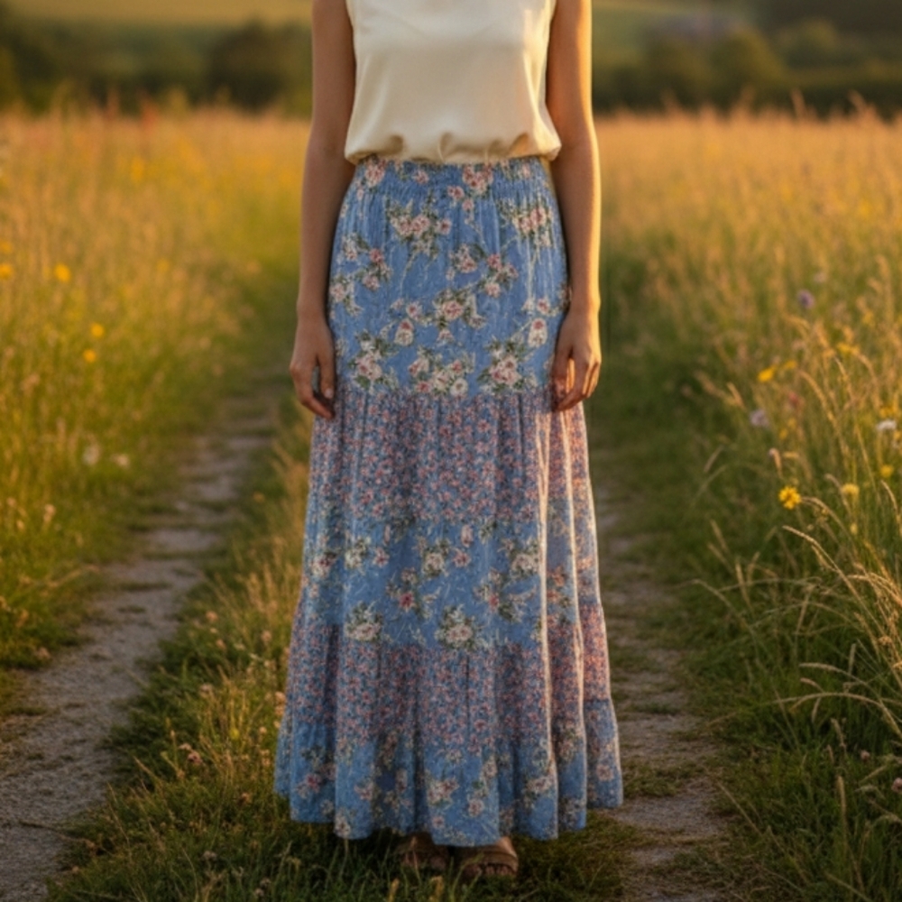 VTG Indira Rayon Floral Tiered Flare Maxi Skirt Blue And Pink